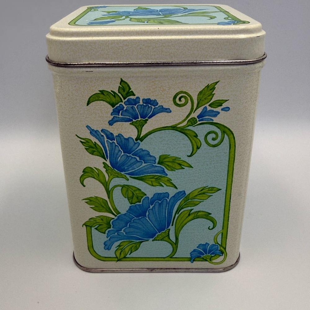 Vintage 1970's Tin Canister w/ Blue Morning Glory Flowers